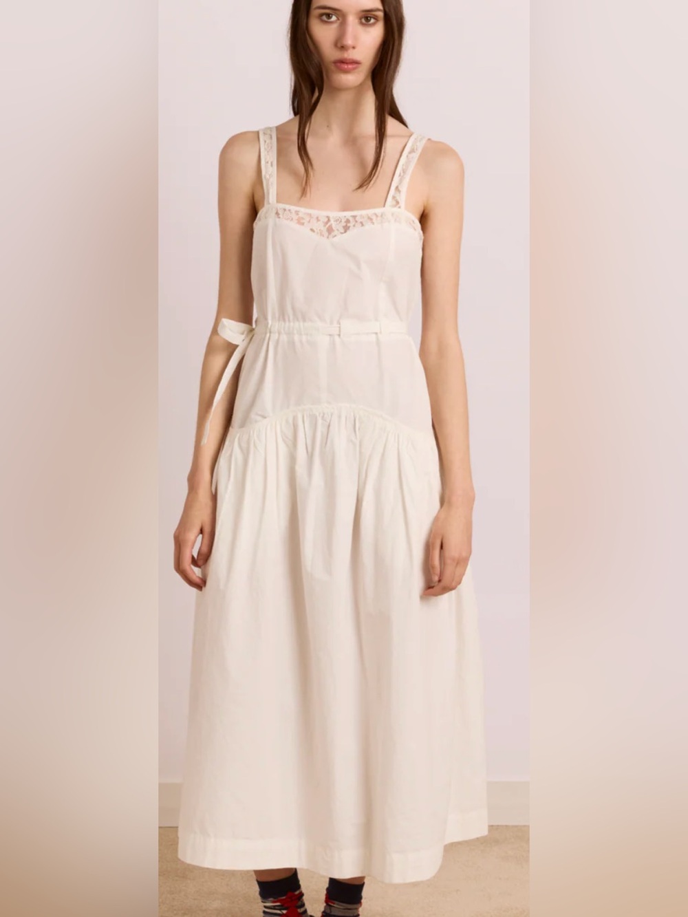 Cream Lace-Detail Midi Sundress with Side Tie